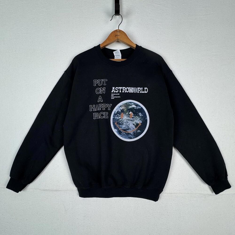 Travis Scott Astroworld 2018 Put‎ On A Happy Face Black Pullover Sweatshirt Sz M